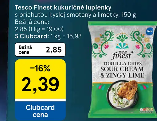 Tesco Finest kukuričné lupienky s príchuťou kyslej smotany a limetky