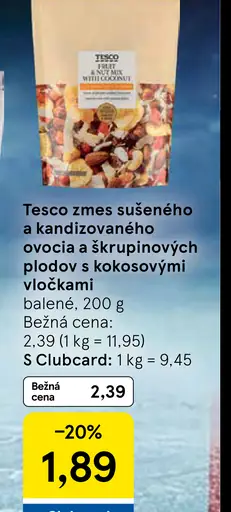 Tesco zmes sušeného a kandizovaného ovocia a škrupinových plodov s kokosovými vločkami