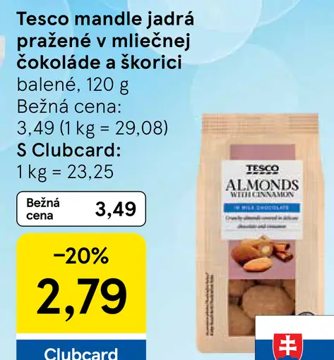 Tesco mandle jadrá pražené v mliečnej čokoláde a škorici