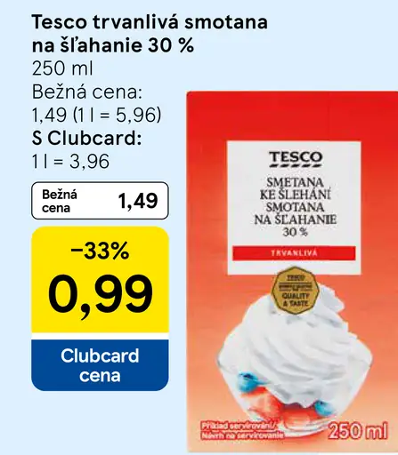 Tesco trvanlivá smotana na šľahanie 30 %
