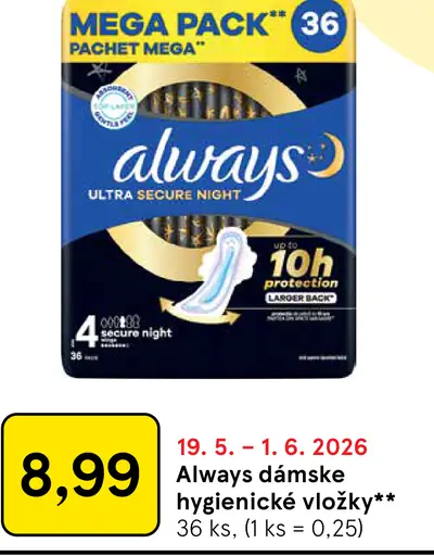 Always dámske hygienické vložky Ultra Secure Night