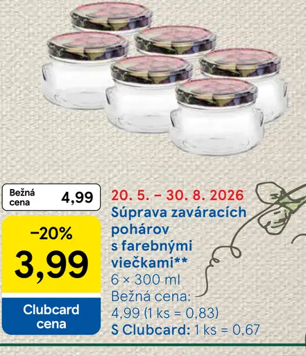 Súprava zaváracích pohárov s farebnými viečkami 6×300 ml