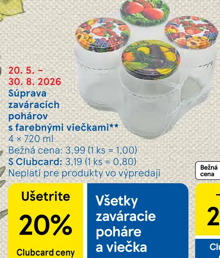 Súprava zaváracích pohárov s farebnými viečkami 4×720 ml