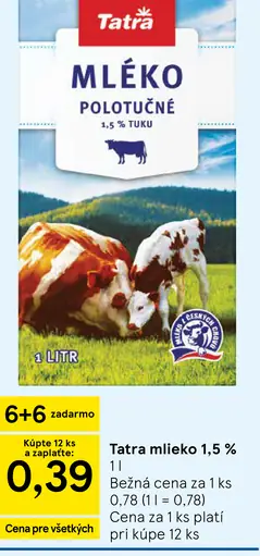Tatra mlieko polotučné 1,5 % tuku