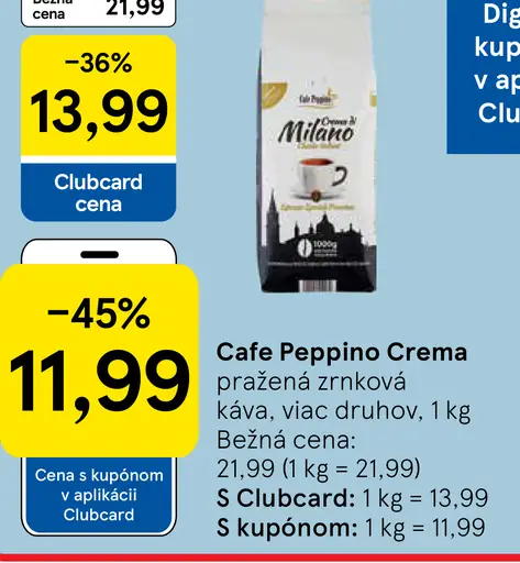 Cafe Peppino Crema pražená zrnková káva, viac druhov