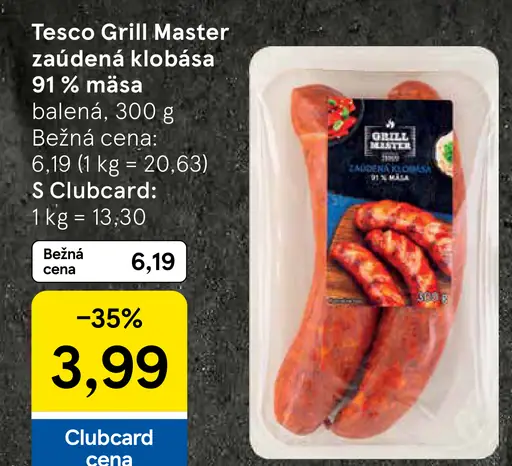 Tesco Grill Master údená klobása 91 % mäsa