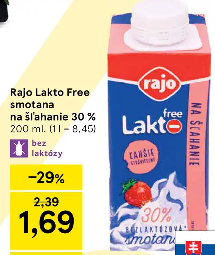Rajo Lakto free trvanlivá smotana na šľahanie 30 % bez laktózy