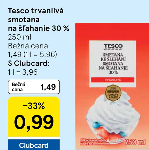 Tesco trvanlivá smotana na šľahanie 30 %