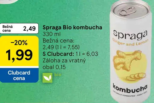 Spraga Bio kombucha ginger and lemon plechovka