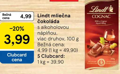 Lindt mliečna čokoláda s alkoholovou náplňou
