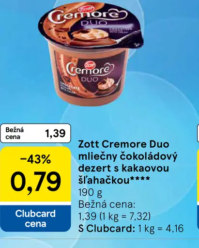 Zott Cremore Duo mliečny čokoládový dezert s kakaovou šľahačkou