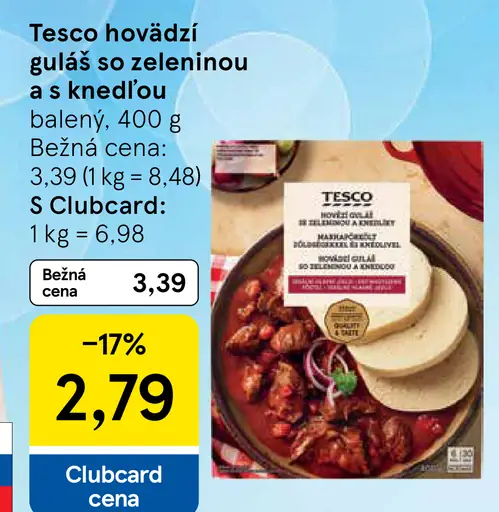 Tesco hovädzí guláš so zeleninou a s knedľou balený