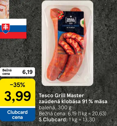 Tesco Grill Master údená klobása 91 % mäsa