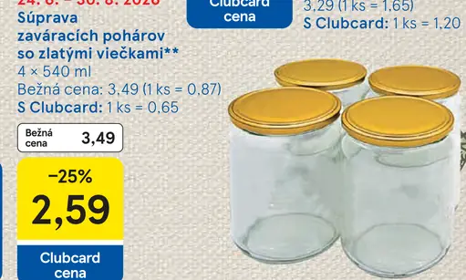 Súprava zaváracích pohárov so zlatými viečkami 4 × 540 ml