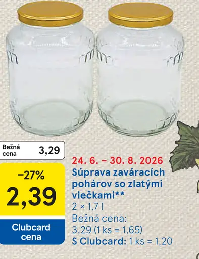 Súprava zaváracích pohárov so zlatými viečkami 2 × 1,7 l