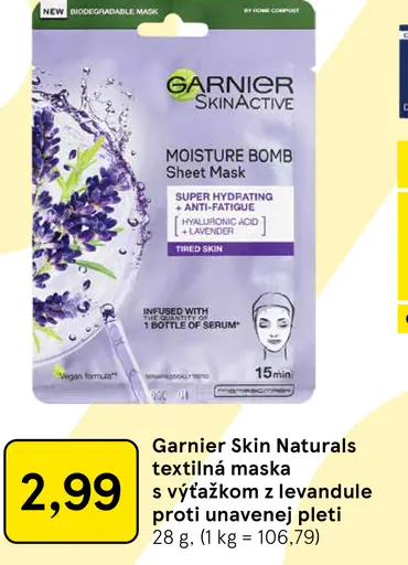 Garnier Skin Naturals textilná maska s výťažkom z levandule proti unavenej pleti