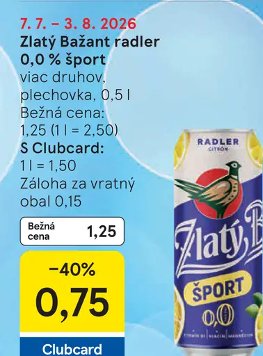 Zlatý Bažant Radler 0,0 % Sport plechovka