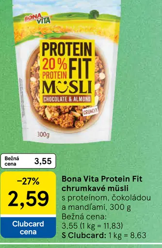 Bona Vita Protein Fit chrumkavé müsli s proteínom, čokoládou a mandľami
