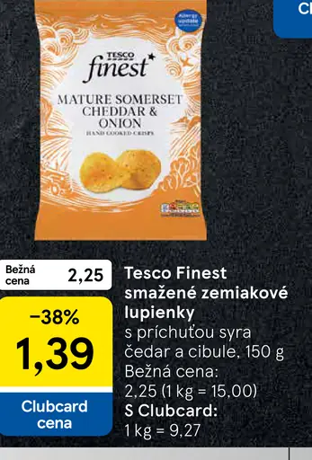 Tesco Finest smažené zemiakové lupienky s príchuťou syra čedar a cibule