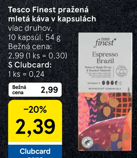 Tesco Finest pražená mletá káva v kapsulách viac druhov