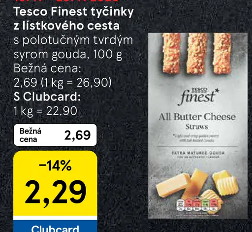 Tesco Finest tyčinky z lístkového cesta s polotučným tvrdým syrom gouda