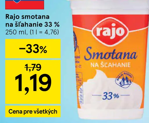 Rajo Smotana na šľahanie 33%