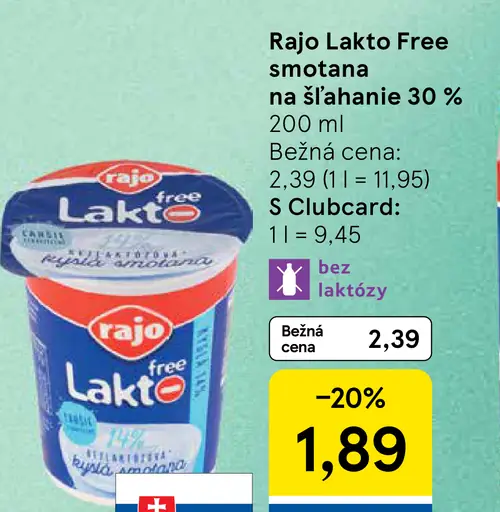 Rajo Lakto Free Smotana na šľahanie 30%