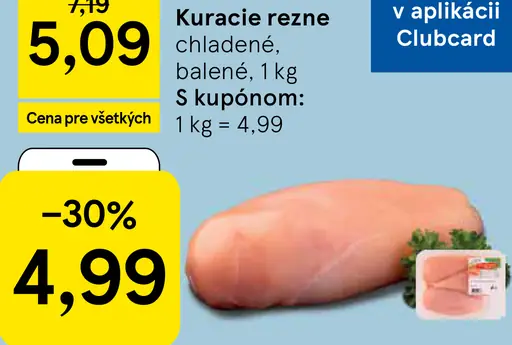 Kuracie rezne, chladené, balené – cena s kupónom Clubcard