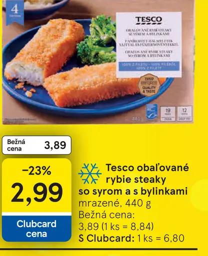 Tesco obaľované rybie steaky so syrom a s bylinkami