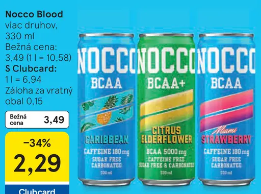 Nocco Blood BCAA+ – Caribbean, Citrus Elderflower, Miami Strawberry, funkčný nápoj bez cukru s BCAA a kofeínom
