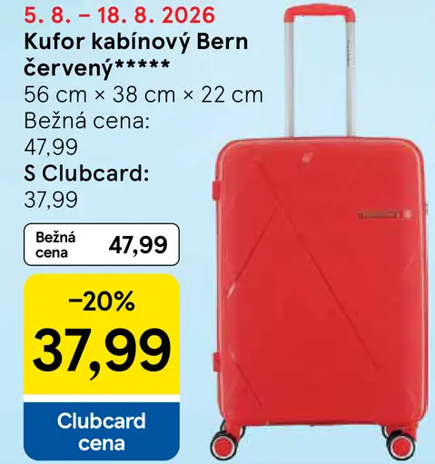 Bern kufor kabínový, červený, rozmery 56 × 38 × 22 cm; bežná cena 47,99 €, Clubcard cena 37,99 €