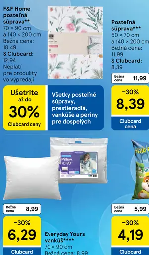 F&F Home posteľná súprava, rozmery 70 × 90 cm a 140 × 200 cm; bežná cena 18,49 €, Clubcard cena 12,94 €