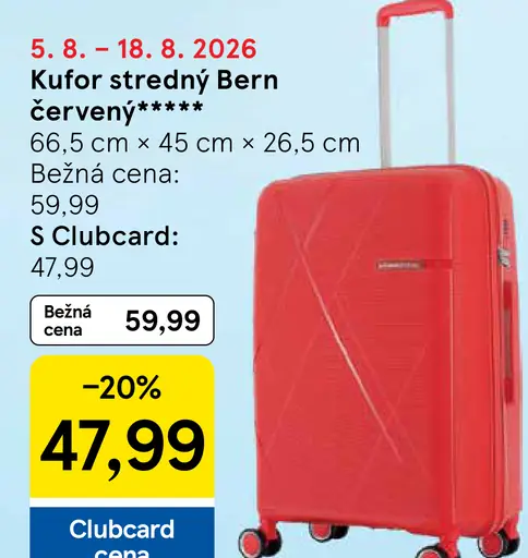 Bern kufor stredný, červený, rozmery 66,5 × 45 × 26,5 cm; bežná cena 59,99 €, Clubcard cena 47,99 €