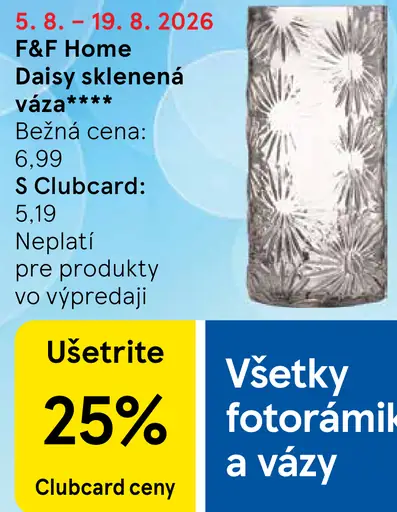 F&F Home Daisy sklenená váza; bežná cena 6,99 €, Clubcard cena 5,19 €
