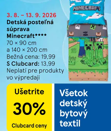 Minecraft detská posteľná súprava, rozmery 70 × 90 cm a 140 × 200 cm; bežná cena 19,99 €, Clubcard cena 13,99 €