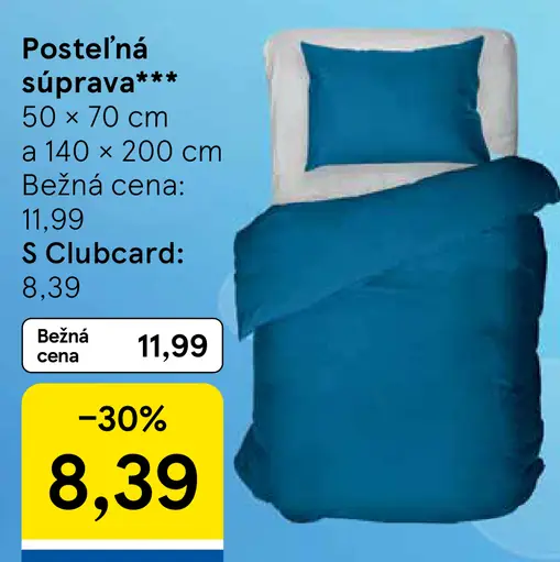 F&F Home posteľná súprava, rozmery 50 × 70 cm a 140 × 200 cm; bežná cena 11,99 €, Clubcard cena 8,39 €