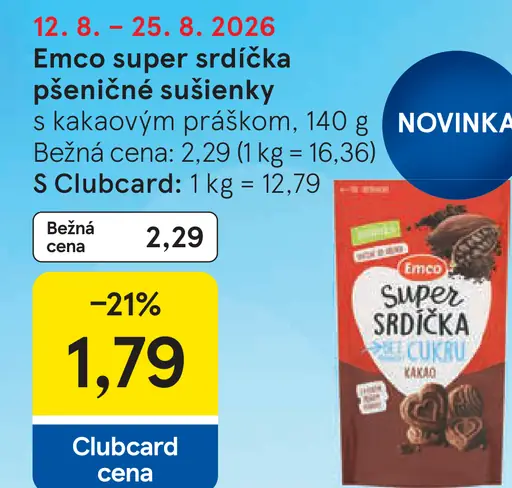 Emco Super srdíčka pšeničné sušienky s kakaovým práškom