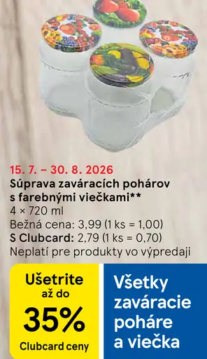 Špajza zaváracích pohárov s farebnými viečkami