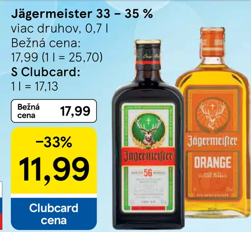 Jägermeister 33–35 %, viac druhov