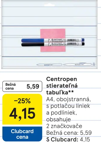 Centropen stierateľná tabuľka s počtovou mriežkou a podložkou