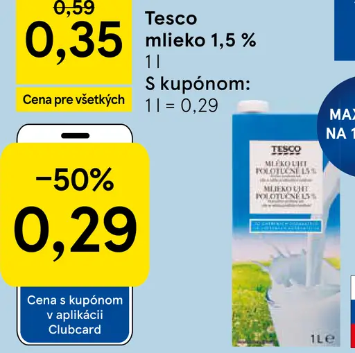 Tesco mlieko 1,5 % – cena s kupónom