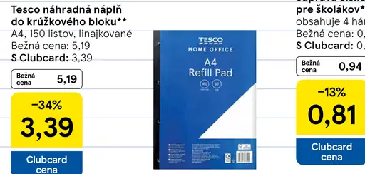 Tesco náhradná náplň do krúžkového bloku A4, linajkovaná