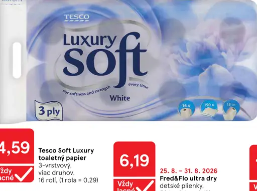 Tesco Soft Luxury toaletný papier 3-vrstvový