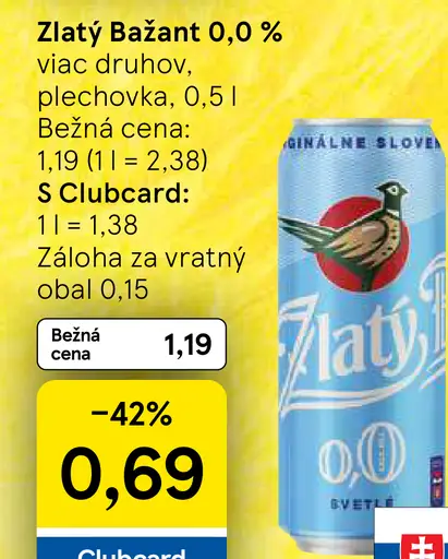 Zlatý Bažant 0,0% svetlé nealkoholické pivo