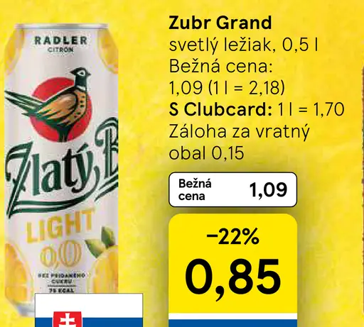 Zlatý Bažant radler 0,0 % light bez pridaného cukru, citrón