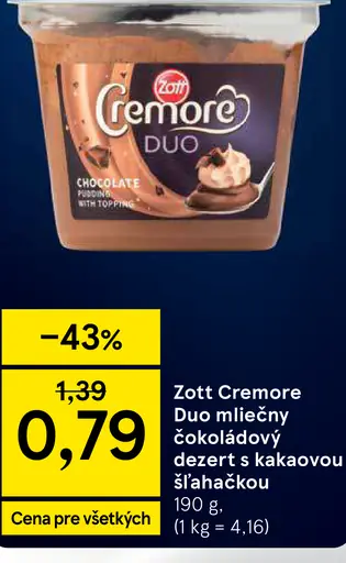 Zott Cremore Duo mliečny čokoládový dezert s kakaovou šľahačkou