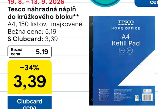 Tesco náhradná náplň do krúžkového bloku, linajkovaná