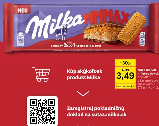 Milka Biscoff mliečna čokoláda s oplátkou a karamelizovanými sušienkami Biscoff, mliečna náplň
