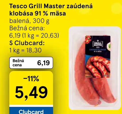 Tesco Grill Master zaúdená klobása, 91 % mäsa