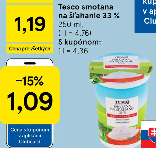 Tesco trvanlivá smotana na šľahanie 30 %